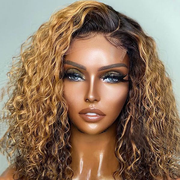 Gold Blonde With Brown Highlights Loose Curly 13x4 inches lace Wig