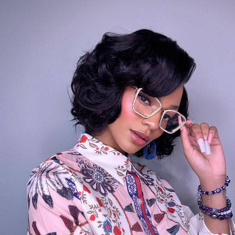 Elle Vane Natural Black Designer Layered Bob Short Wavy Lace Wig