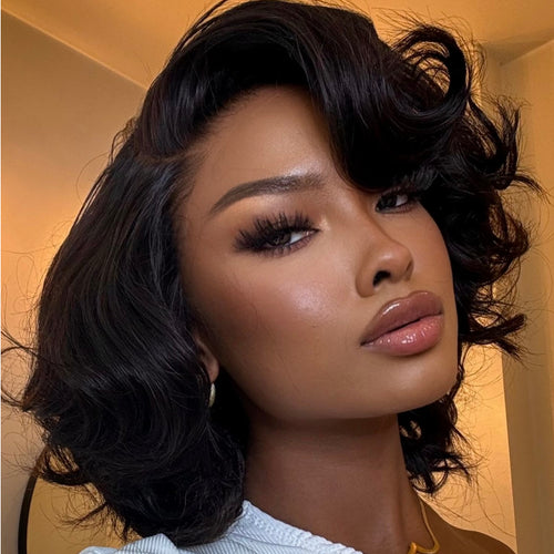 Elle Vane Natural Black Designer Layered Bob Short Wavy Lace Wig