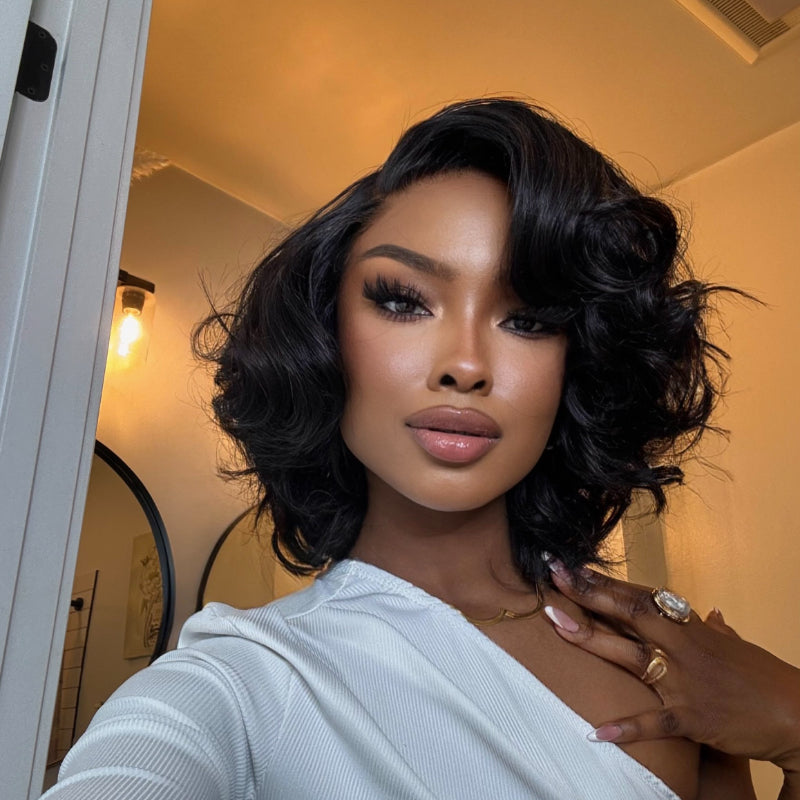 Elle Vane Natural Black Designer Layered Bob Short Wavy Lace Wig