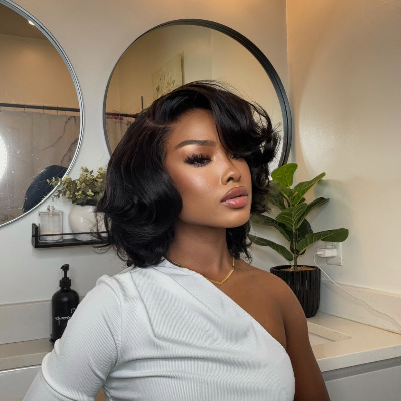 Elle Vane Natural Black Designer Layered Bob Short Wavy Lace Wig