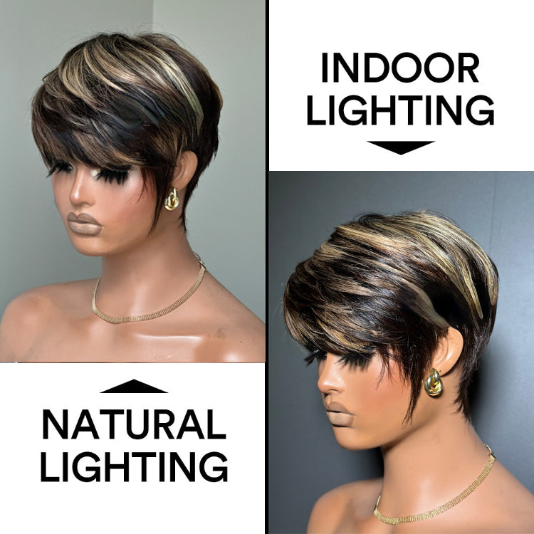 Elle Vane Put On & Go Gold Highlight Short Pixie Cut Wig with Bangs