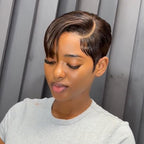 Full Lace Pixie Cut Wig Dark Brown Side Swept Bangs 180% Density Human Hair