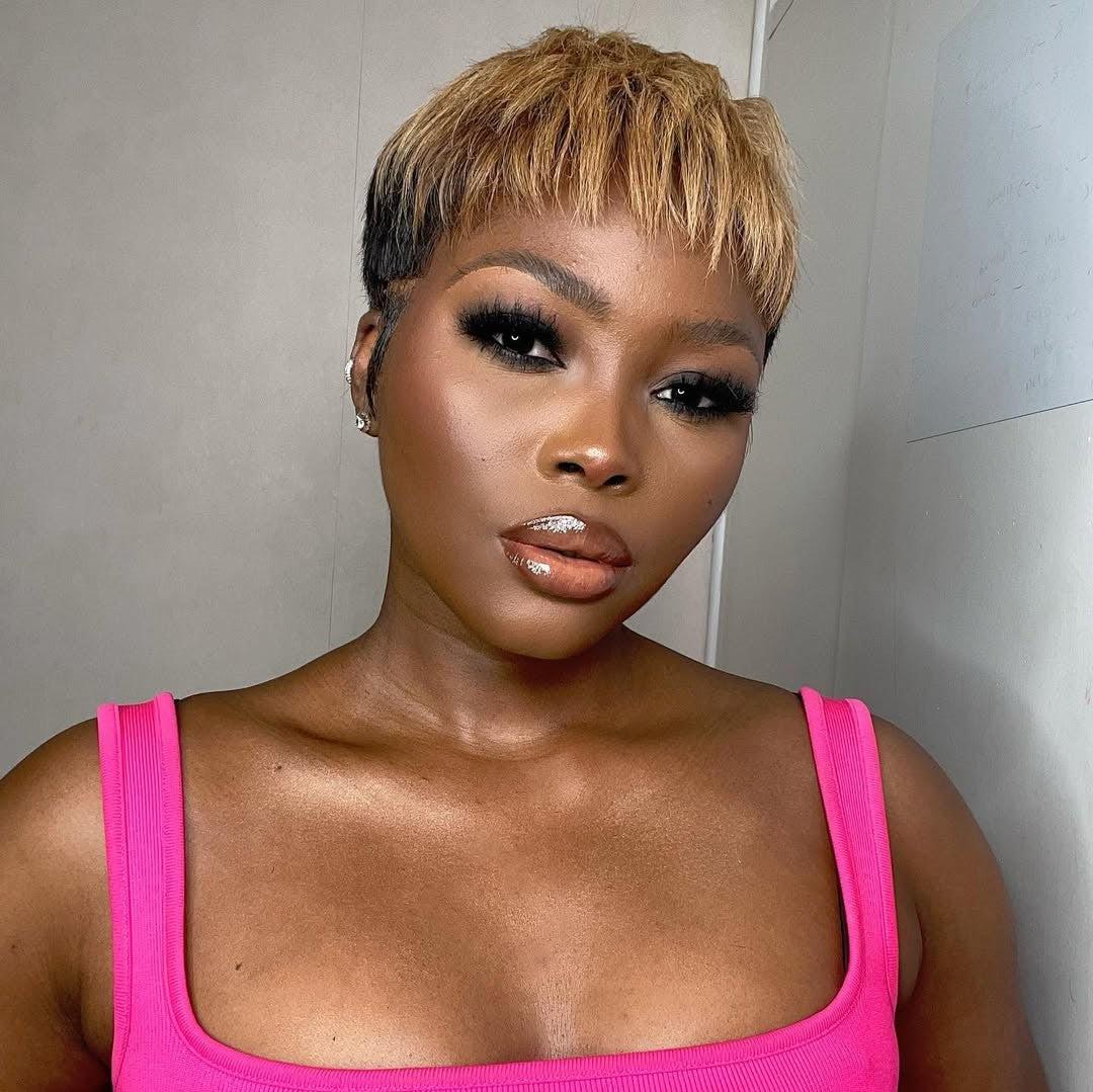 Short Pixie Cut Wig Honey Blonde Dark Roots 180% Density Human Hair