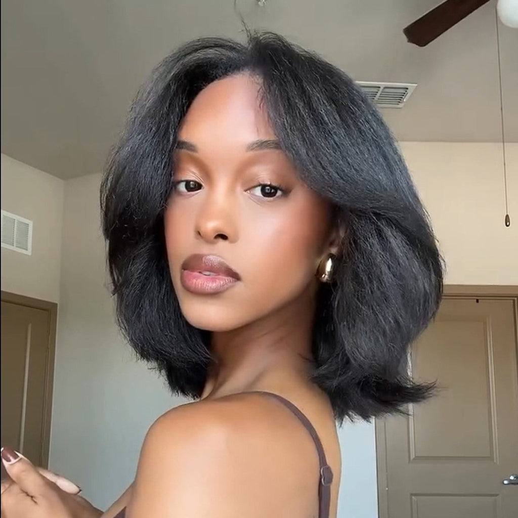 Kinky Straight Layered Blowout Bob Wig 180% Density Human Hair 5x5 & 13x4 Lace Wig