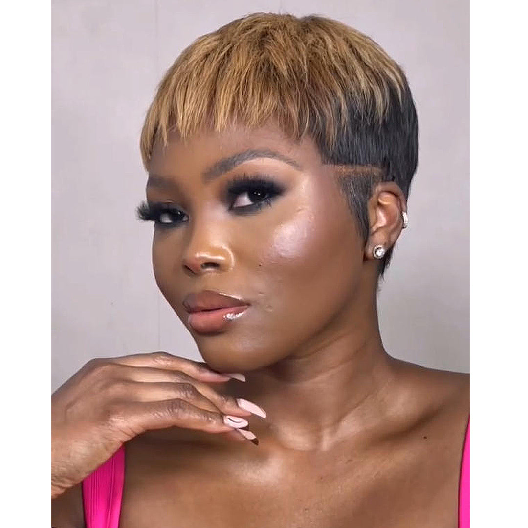 Short Pixie Cut Wig Honey Blonde Dark Roots 180% Density Human Hair