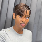 Full Lace Pixie Cut Wig Dark Brown Side Swept Bangs 180% Density Human Hair