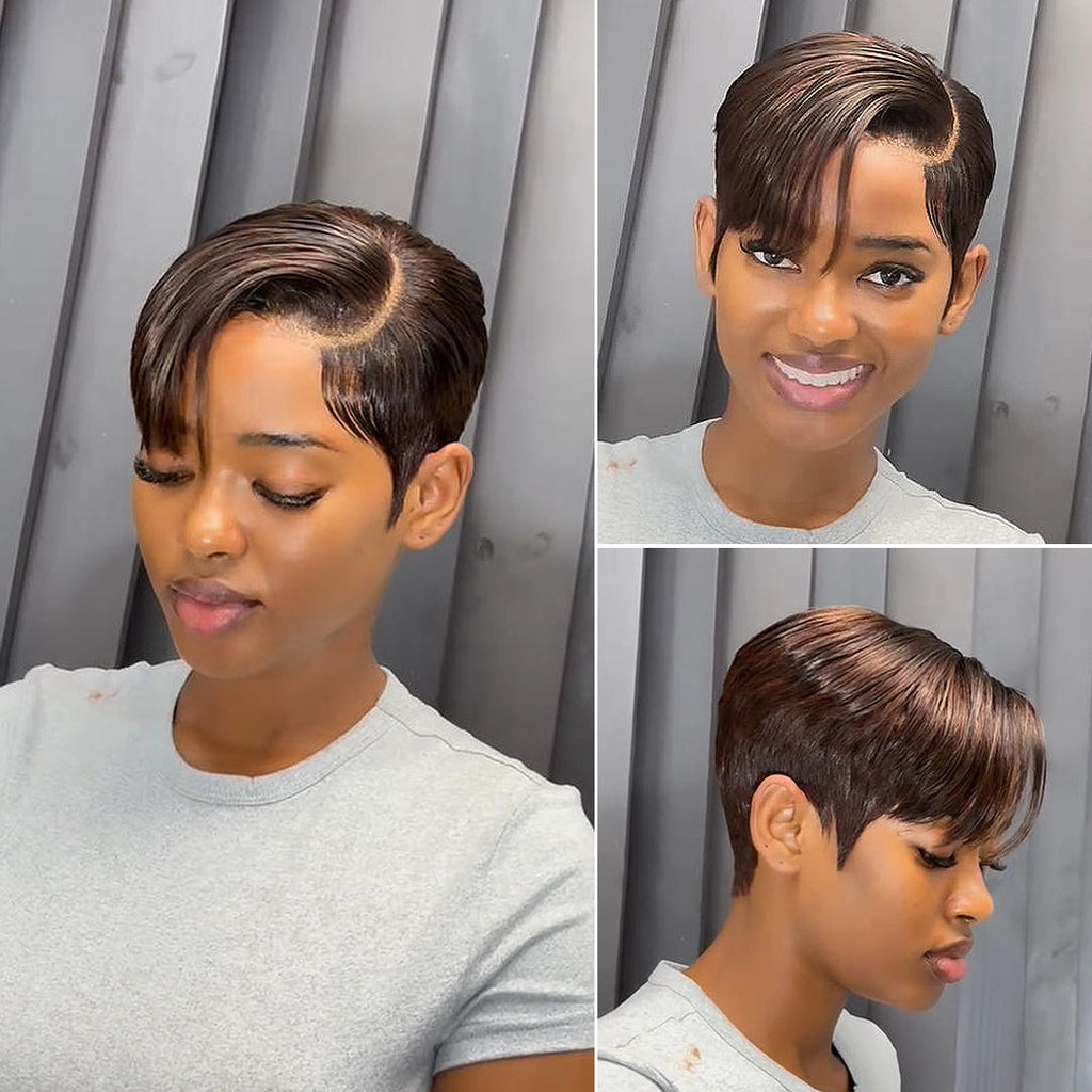 Full Lace Pixie Cut Wig Dark Brown Side Swept Bangs 180% Density Human Hair