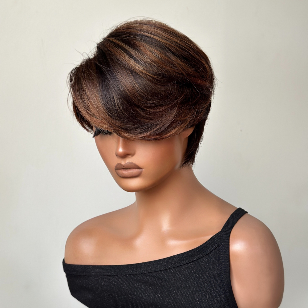 Brown Highlight Pixie Cut Wig with Bang