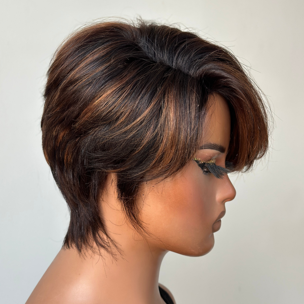 Brown Highlight Pixie Cut Wig with Bang