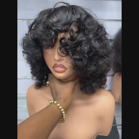 Put On & Go No Lace Glueless Fluffy Curly Bob Wig With Bangs Human Hair Wig