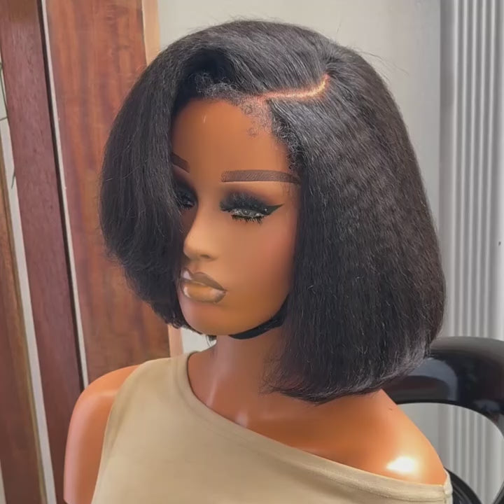 Put on & Go Glueless Kinky Straight 4C Kinky Edges Pre Cut HD Lace Short Bob Wig Human Hair Wig