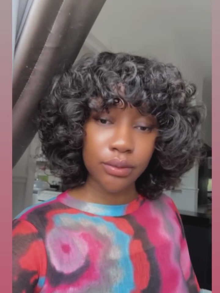 Glueless Voluminous Curly bob Wig With Bangs Human Hair Wig