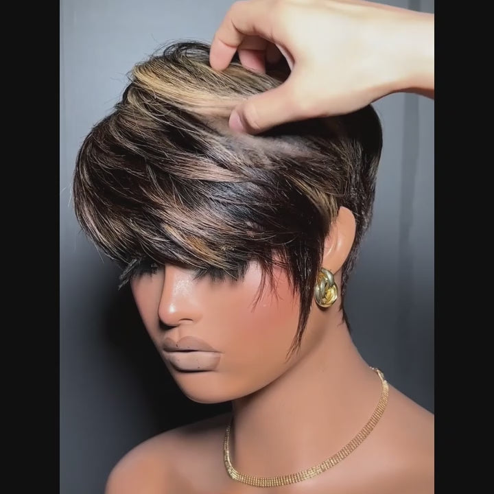 Elle Vane Put On & Go Glueless Gold Highlight Short Pixie Cut Wig with Bangs Human Hair Wig