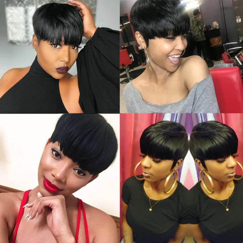 Put On & Go Short Wigs Layered Pixie Cut Human Hair with Bangs Bob Wigs