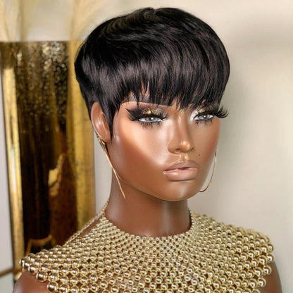 Put On & Go Short Wigs Layered Pixie Cut Human Hair with Bangs Bob Wigs