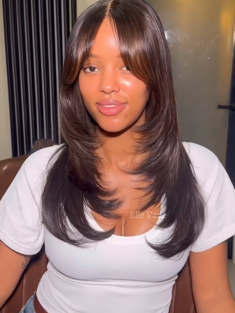 Elle Vane Glueless Black Layered Cutting Bangs 5x5 Lace Wig