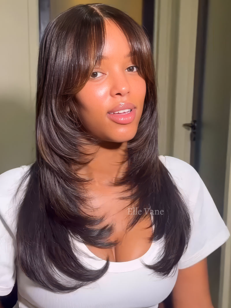 Elle Vane Glueless Black Layered Cutting Bangs 5x5 Lace Wig