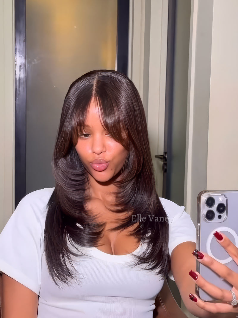 Elle Vane Glueless Black Layered Cutting Bangs 5x5 Lace Wig