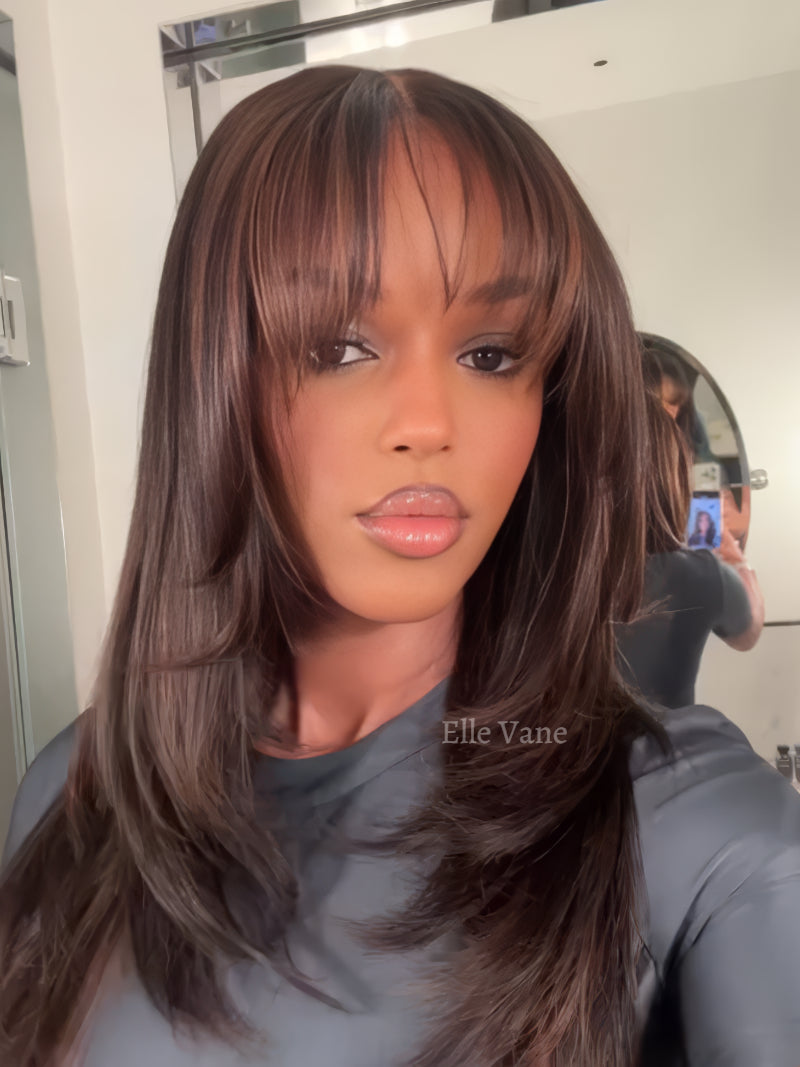 Elle Vane Glueless Black Layered Cutting Bangs 5x5 Lace Wig