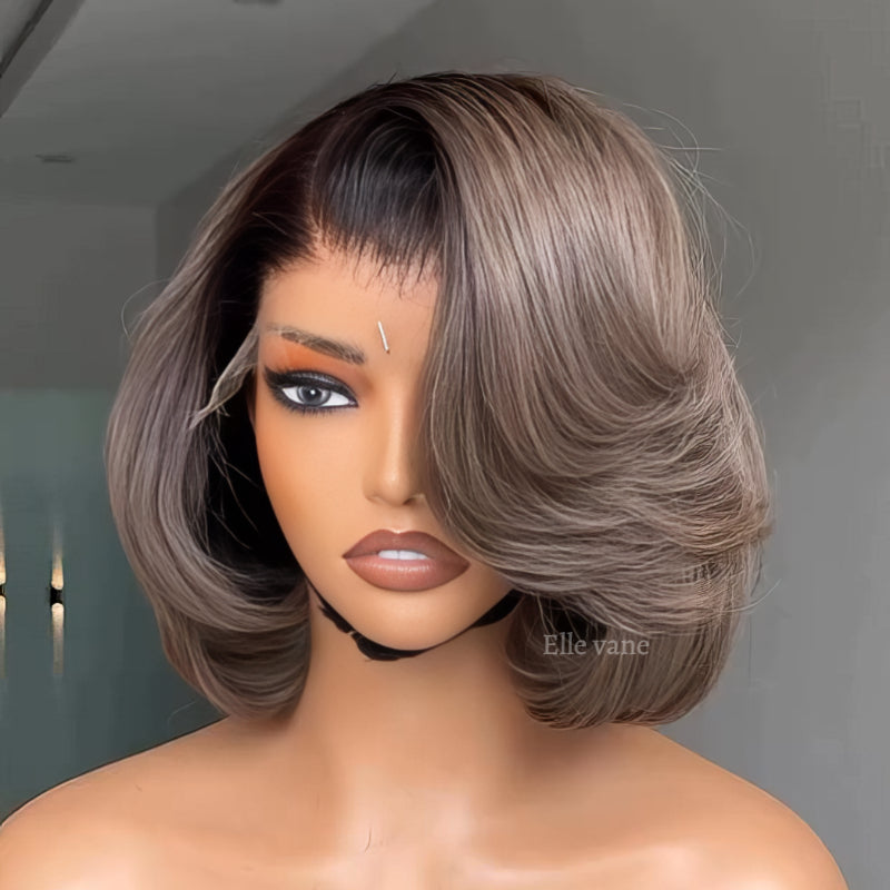 Elle Vane Gradient Brown and Gray Mixed Color Side Parting Lace Wig