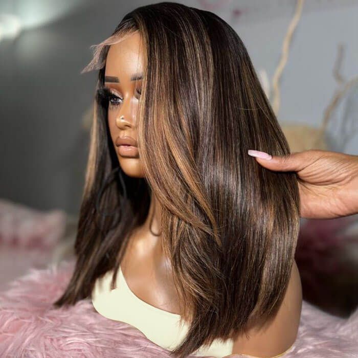 Put On & Go Brown Highlight Straight Side Part Glueless 5x5 Human Hair Wigs